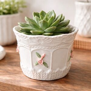 Vintage Bloom-Rite Ceramic Planter Pink Rose Cottage Pottery 4”